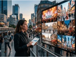 Ilustrasi photorealistic kota global yang menampilkan industri kreatif, budaya populer, dan diplomasi budaya sebagai kekuatan ekonomi negara maju.