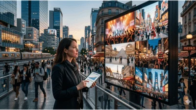 Ilustrasi photorealistic kota global yang menampilkan industri kreatif, budaya populer, dan diplomasi budaya sebagai kekuatan ekonomi negara maju.