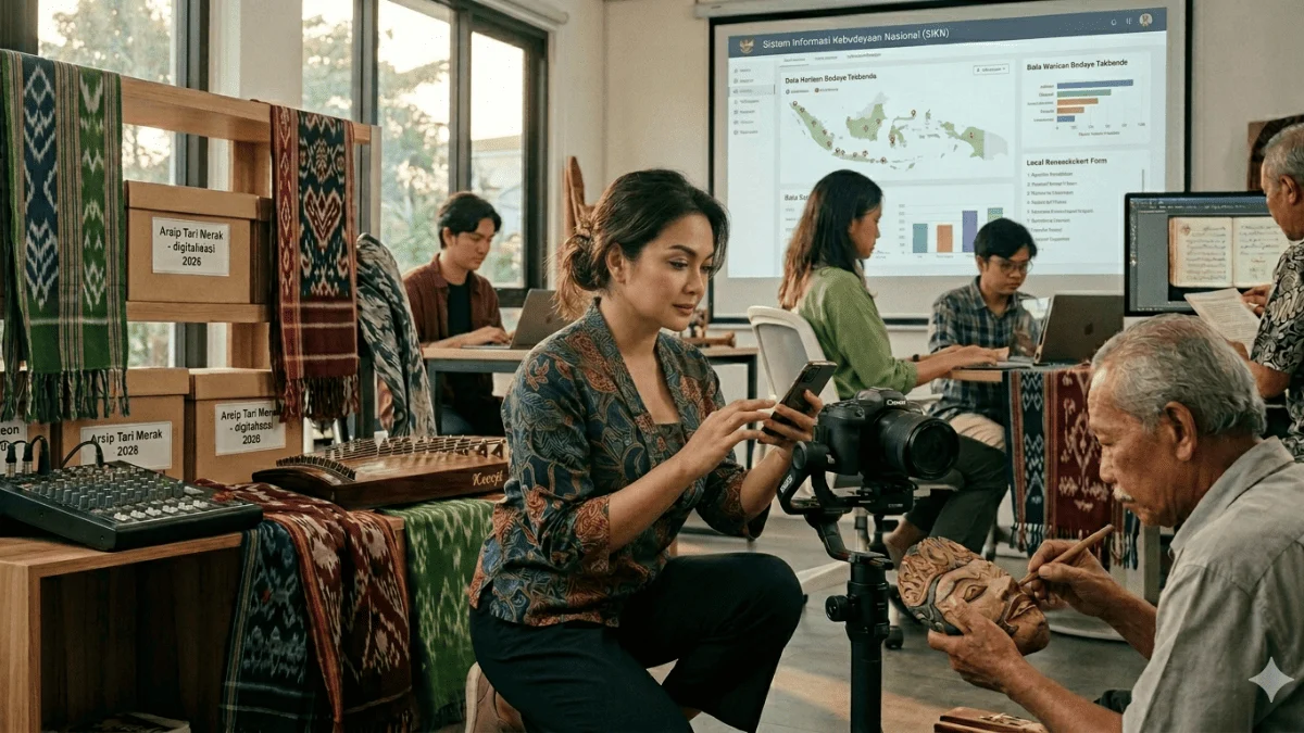 Seniman tradisional muda Indonesia mendokumentasikan karya budaya lokal menggunakan teknologi digital dalam ruang kreatif kebudayaan modern.