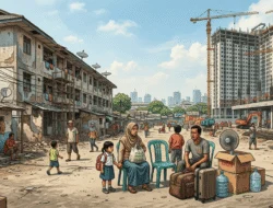 Ilustrasi revitalisasi Rusunawa Marunda Jakarta 2026 yang menampilkan bangunan rusun lama rusak, pembangunan “tower” baru, dan warga relokasi di tengah krisis hunian MBR.
