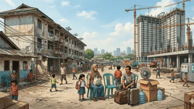 Ilustrasi revitalisasi Rusunawa Marunda Jakarta 2026 yang menampilkan bangunan rusun lama rusak, pembangunan “tower” baru, dan warga relokasi di tengah krisis hunian MBR.