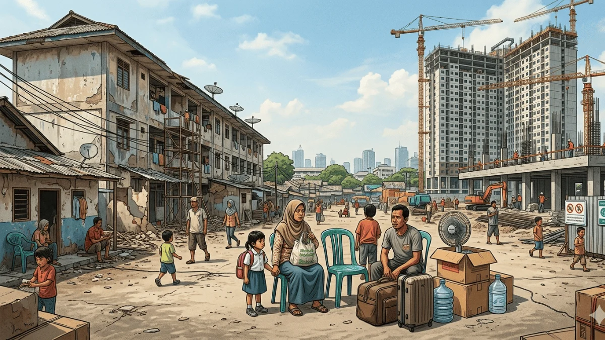 Ilustrasi revitalisasi Rusunawa Marunda Jakarta 2026 yang menampilkan bangunan rusun lama rusak, pembangunan “tower” baru, dan warga relokasi di tengah krisis hunian MBR.