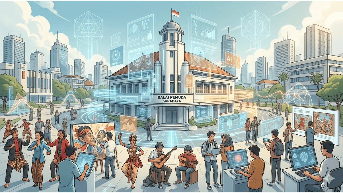 Ilustrasi editorial futuristik tentang transformasi Dewan Kesenian Surabaya (DKS) menjadi ruang kebudayaan digital 2026 dengan seniman rakyat, teknologi AI, dan algoritma budaya di Kota Surabaya.