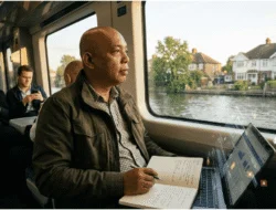 Jurnalis independen Rafael Nurak melakukan observasi riset di kereta suburban London di tengah isu “slow journalism” dan era AI 2026.