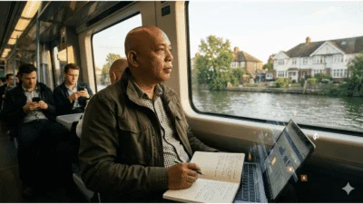 Jurnalis independen Rafael Nurak melakukan observasi riset di kereta suburban London di tengah isu “slow journalism” dan era AI 2026.