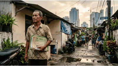 Warga Surabaya memegang dokumen Surat Ijo di kawasan permukiman kota di tengah konflik agraria dan ketidakpastian hak tanah.