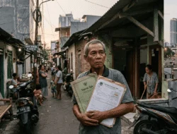 Warga pemegang Surat Ijo di kawasan padat Surabaya memegang dokumen IPT dan PBB di tengah pembangunan kota metropolitan.