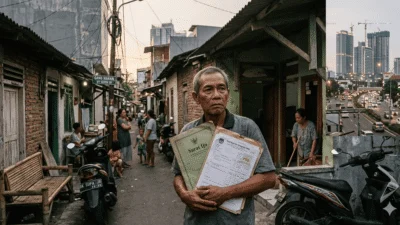 Warga pemegang Surat Ijo di kawasan padat Surabaya memegang dokumen IPT dan PBB di tengah pembangunan kota metropolitan.