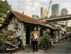 Warga Surabaya memegang dokumen Surat Ijo di tengah permukiman kota dan proyek infrastruktur modern.