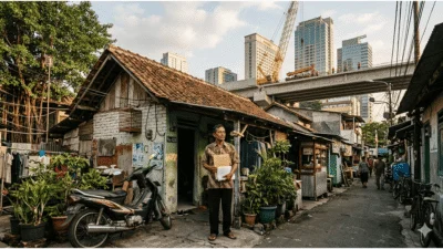 Warga Surabaya memegang dokumen Surat Ijo di tengah permukiman kota dan proyek infrastruktur modern.