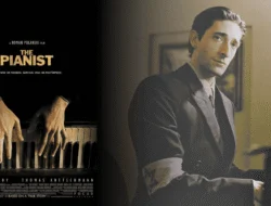 Ilustrasi dua panel film “The Pianist” dan Adrien Brody sebagai Władysław Szpilman sedang bermain piano dalam konteks “Holocaust” dan genosida.