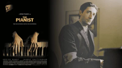 Ilustrasi dua panel film “The Pianist” dan Adrien Brody sebagai Władysław Szpilman sedang bermain piano dalam konteks “Holocaust” dan genosida.