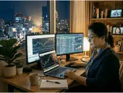 Perempuan trader forex rumahan menganalisis pergerakan pasar mata uang global dari kamar kerjanya pada malam hari.