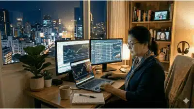 Perempuan trader forex rumahan menganalisis pergerakan pasar mata uang global dari kamar kerjanya pada malam hari.