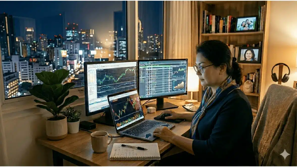 Perempuan trader forex rumahan menganalisis pergerakan pasar mata uang global dari kamar kerjanya pada malam hari.