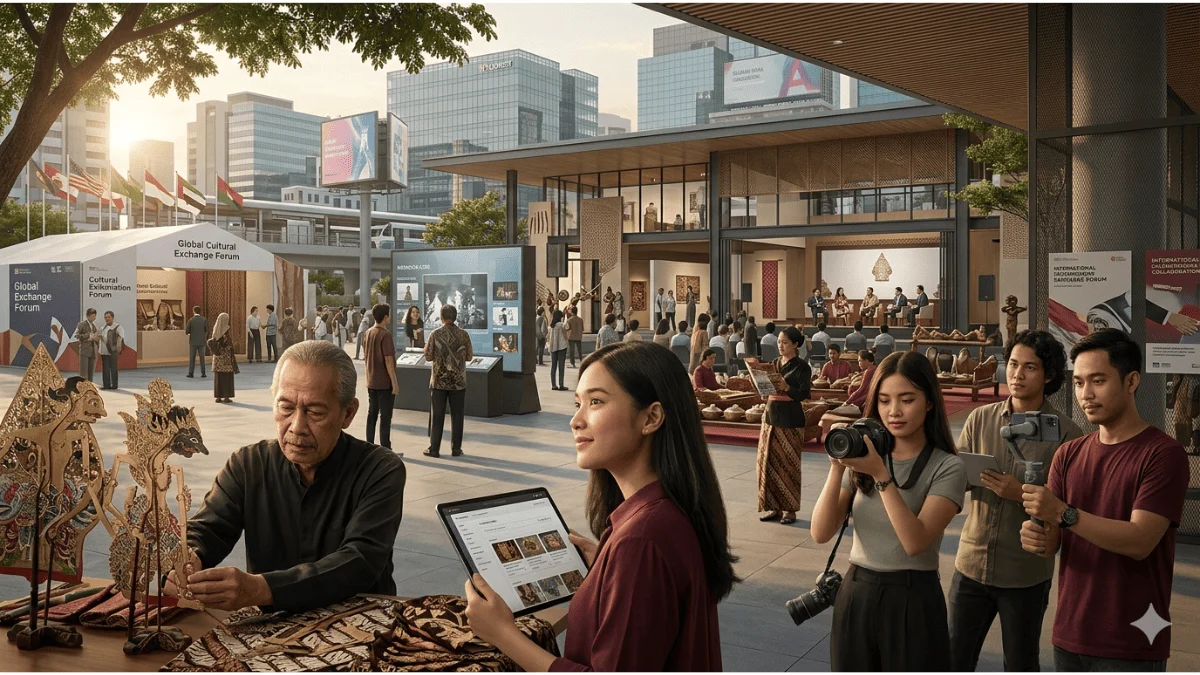 Ilustrasi “photorealistic” transformasi kebijakan budaya Indonesia di era digital dan diplomasi global