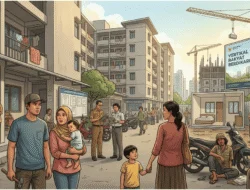 Ilustrasi transformasi Rusunawa Surabaya 2026 yang menampilkan warga MBR, penataan ulang hunian vertikal, serta pembangunan rusunami berkeadilan di tengah antrean hunian murah kota.