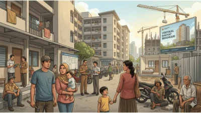 Ilustrasi transformasi Rusunawa Surabaya 2026 yang menampilkan warga MBR, penataan ulang hunian vertikal, serta pembangunan rusunami berkeadilan di tengah antrean hunian murah kota.