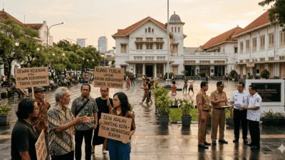Seniman dan perwakilan pemerintah berdiskusi di kawasan Balai Pemuda Surabaya dalam polemik transisi Dewan Kesenian Surabaya menjadi Dewan Kebudayaan Surabaya.