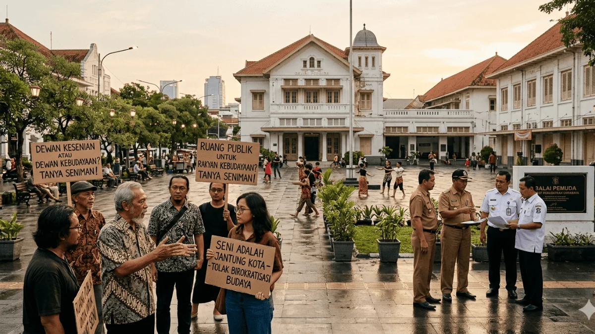 Seniman dan perwakilan pemerintah berdiskusi di kawasan Balai Pemuda Surabaya dalam polemik transisi Dewan Kesenian Surabaya menjadi Dewan Kebudayaan Surabaya.
