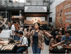 Perempuan muda Indonesia mendokumentasikan pertunjukan budaya di ruang publik modern dalam ilustrasi tentang UU Pemajuan Kebudayaan dan transformasi budaya digital.