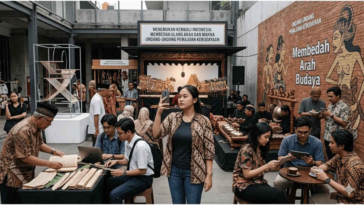 Perempuan muda Indonesia mendokumentasikan pertunjukan budaya di ruang publik modern dalam ilustrasi tentang UU Pemajuan Kebudayaan dan transformasi budaya digital.