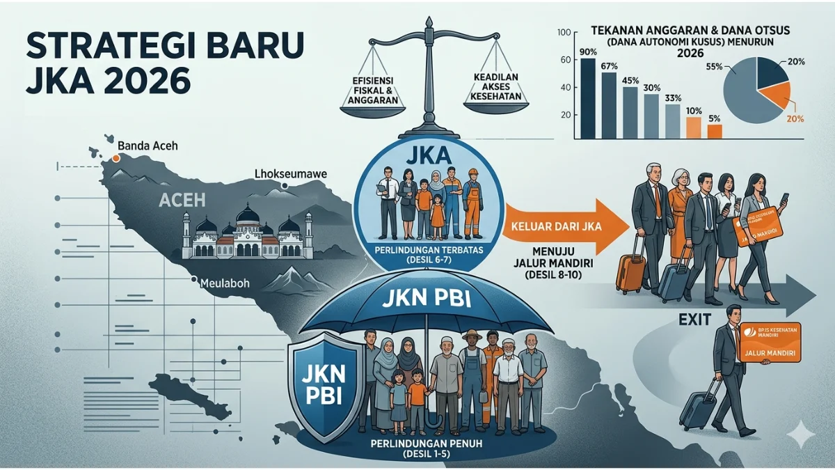 Ilustrasi perubahan kebijakan JKA 2026 di Aceh yang membagi masyarakat berdasarkan desil, dengan kelompok miskin tetap dilindungi JKN PBI, kelompok menengah ditanggung JKA, dan warga mampu beralih ke BPJS mandiri di tengah tekanan anggaran daerah.